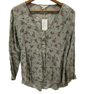 Sim & Sam Women Sage Floral Rayon Henley Peplum Blouse 163622BL New